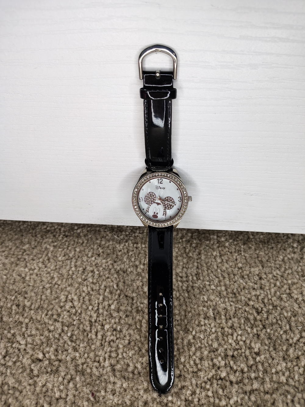 Disney Black Patent Leather Mickey Mouse Crystal Accent Watch